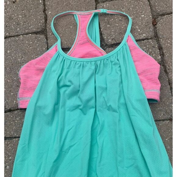 LULULEMON NO LIMITS green neon pink SPORT BRA layered TANK TOP sz 8 - Picture 4 of 7